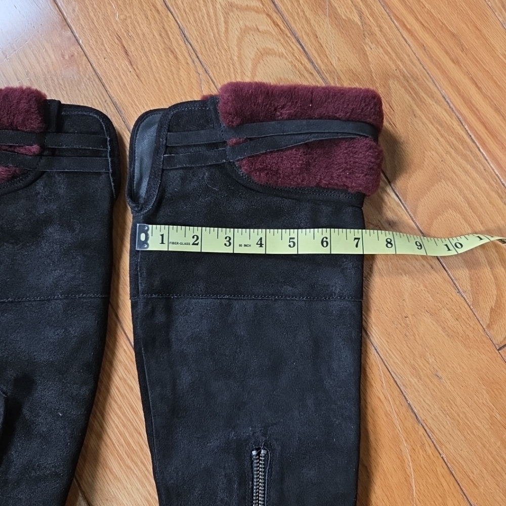 UGG Ophira black suede over-the-knee boots with a burgundy lamb fur cuff. - Picture 9 of 13